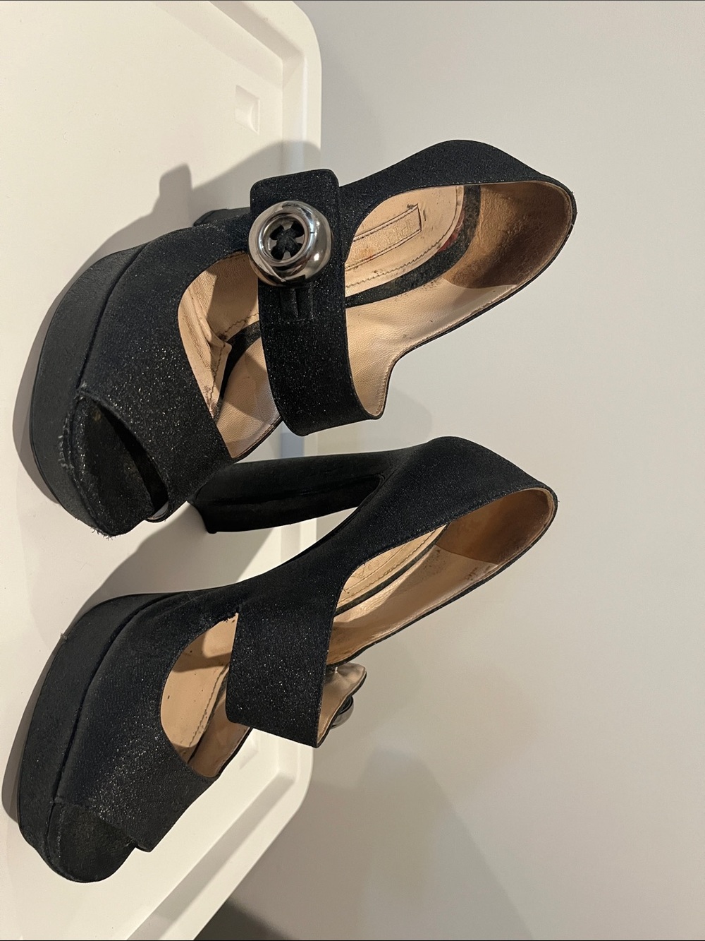Prada Black Sparkle Platform Mary Jane Heels with Silver Accent